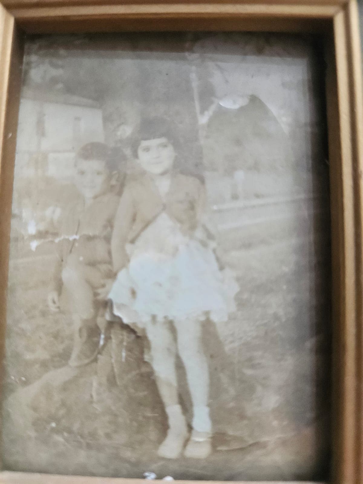 Foto antiga e desbotada de duas crianças sob uma árvore